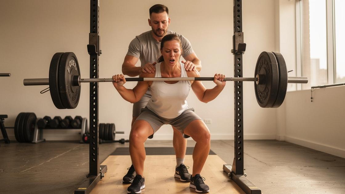 Coach spotting a client through a heavy barbell set in a daylight training studio