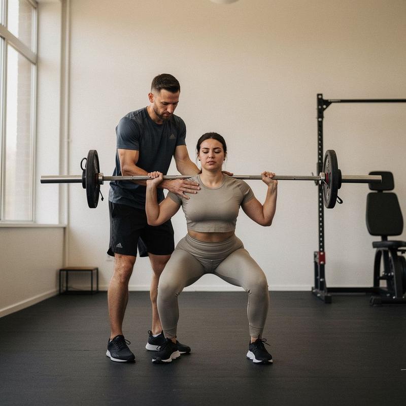 Coach correcting a client's barbell position during an in-person training session